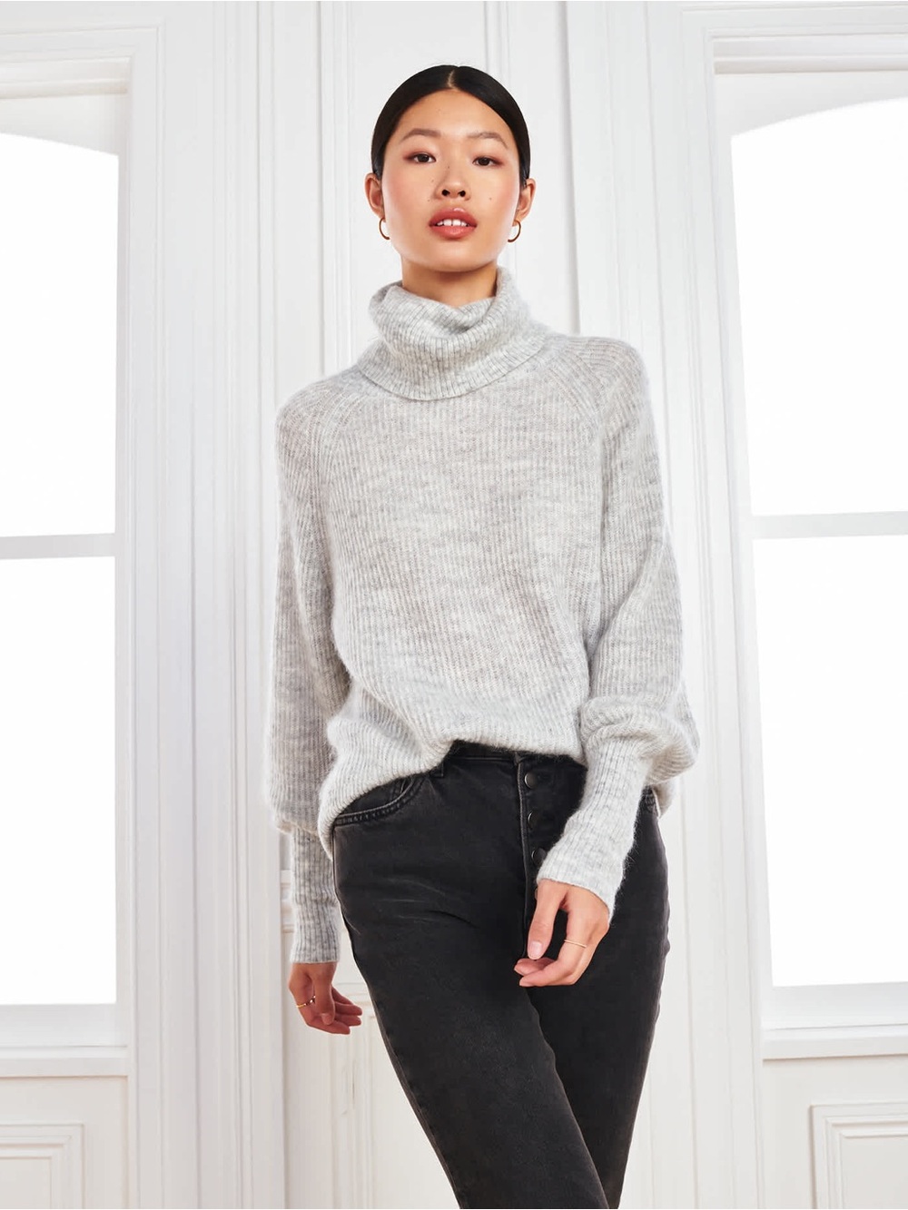Quince Light Gray Wool + Alpaca Ribbed Turtleneck Sweater
